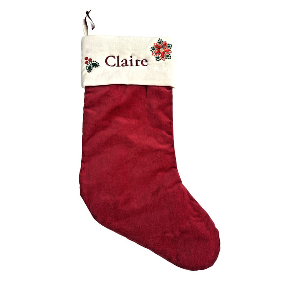 Pottery Barn Christmas Stocking Embroidered CLAIRE Red Velvet Cotton Poinsettia - Picture 1 of 7